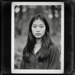 asian girl in the forest, old vintage photography, damaged photo, daguerreotype, ambrotype, black and white, archive, film artifacts, scratches, tears, hyperrealistic, ultra detailed
