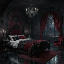 a beautiful detailed painting of vampirish dark gothic fancy bedroom with black and dark red accents by noah bradley john willian waterhouse, thomas kinkade, glass on floor, nightsky, archdaily, wallpaper, highly detailed, trending on artstation.