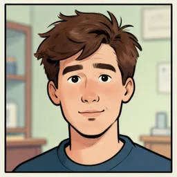a head - on comic - style portrait of a 2 0 - something engineering student, brown messy hair, by laurie greasly