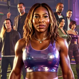 highly detailed upper body portrait serena williams wearing shiny plastic crop top bladerunner, glistering skin, oiled, in gta v, stephen bliss, unreal engine, fantasy art by greg rutkowski, loish, rhads, ferdinand knab, makoto shinkai and lois van baarle, ilya kuvshinov, rossdraws, tom bagshaw, global illumination, radiant light, detailed and intricate environment