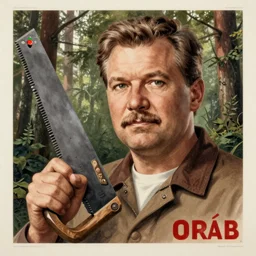soviet poster of viktor orban, highly detailed face, holding wood saw, forest in background