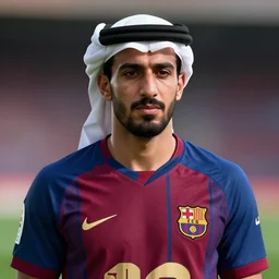 portrait of sadam hussain, head and torso, fc barcelona jersey number 1 0, dark blue, maroon red, unreal engine 5, trending on artstation, octane render