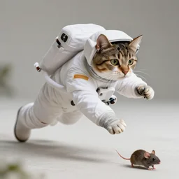 cat astronaut chases a mouse