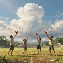 wide shot of 4 people throwing a chicken in the air on an run - down soccer field, hyperrealistic, volumetric lighting, giant clouds, godrays, 4 k, digital painting by akira toriyama, highly detailed background, trending on artstation