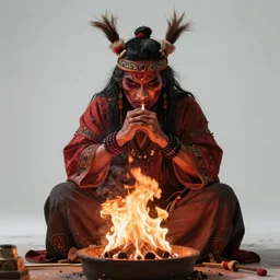 a photorealistic of a terrible horrific shaman in a ritual of fire and incense, a strong pain appears in the belly and goes into a trance