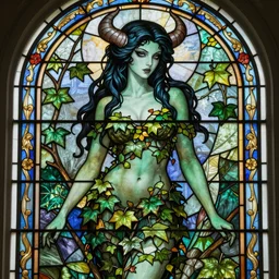 a stunningly detailed stained glass window of a beautiful succubus dressed as poison ivy with green skin, dark eyeliner, intricate, elegant, highly detailed, digital painting, artstation, concept art, sharp focus, illustration, art by greg rutkowski and alphonse mucha