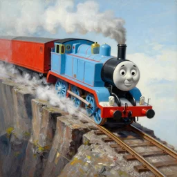 thomas the tank engine ramping off a cliff because tracks ended, an oil painting by ross tran and thomas kincade