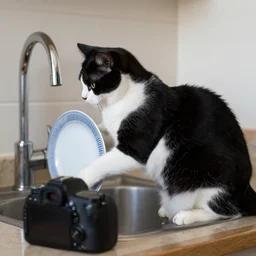 black and white cat doing dishes, dslr photo