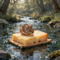 mouse on a raft made of cheese floating down the river