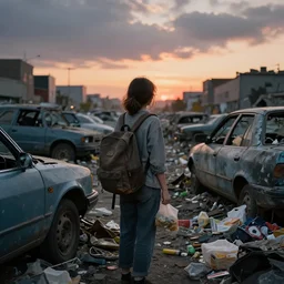 detailed lonely girl with backpack standing at cars looking for food at garbage dump, destroyed cars, city is pure wasteland, moody sunset in background, save the planet, high details, sharp, photorealism, cinematic, greg rutkowski, alphonse mucha, trending on artstation, artgerm, unreal engine, breathtaking, award winning, highly detailed