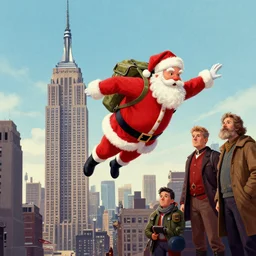 Jetpack wearing a Santa flying near the empire state building jacek yerka greg rutkowski giorgio de chirico john currin clarence holbrook carter mark ryden