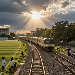 a high school field, with railway tracks going through it, train driving along, kids watching
