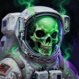 a close - up view portrait of a lone astronaut, brutalist dock halls with green alien fog, close - up view, detailed textures. glowing green purple fog, dark black background. murder poison skull face, highly detailed fantasy science fiction painting by moebius!!!!!!, norman rockwell, frank frazetta, and syd mead. rich bright colors