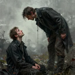 man stealing dreams from another man by emil melmoth zdzislaw belsinki craig mullins yoji shinkawa realistic render ominous detailed photo atmospheric by jeremy mann francis bacon and agnes cecile ink drips paint smears digital glitches glitchart