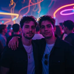 2 friends partying and are facing the camera, crowd in the back, neon, abstract style