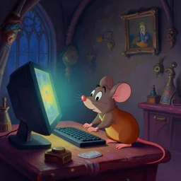 A mouse is working on a computer in a Gothic atelier, oil painting, detailed, colorful, glowing lighting, 4k, dimly lit, in the style of vintage Disney 90s retro future,