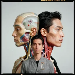 kodak portra, shintaro kago, studio light, fashion photography, symmetrical, head splitting, exploded view anatomy, head neck shoulders, victo ngai, kilian eng, vibrant colors, digital art, masterpiece, fantastically beautiful, inspired by beksinski, dan mumford, upscale with simon stalenhag work, artstation, 8 k