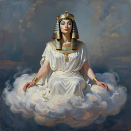 Oil Painting of Elon Musk as Cleopatra, sitting on a cloud, ethereal, concept art, hyper realism, sharp focus