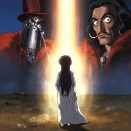 god waits in front of volumetric light, anime film still from the an anime directed by katsuhiro otomo with art direction by salvador dali, wide lens