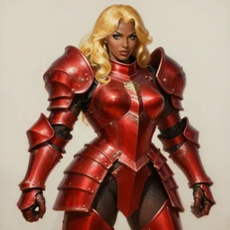 Picture of Female Paladin, bulky armor, metallic red, golden hair, dark brown skin, becautiful face, pin-up pose, by wlop, artgerm and genzoman, painting, HD