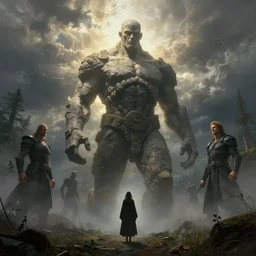 stone humanoid colossus by grzegorz rutkowski and richard wright and peter mohrbacher and dan scott, atmospheric haze, stormy, forest, tiny woman in cloak in foreground silhouette, large scale