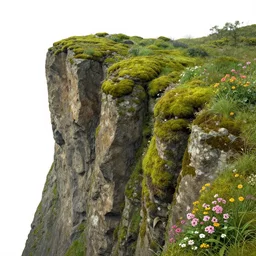 an amazing cliff full of moss and flowers, artwork, by James Gurney