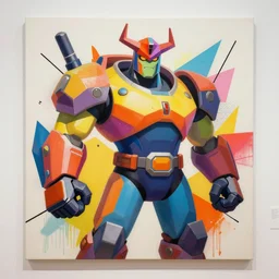 Portrait of Junkrat from Overwatch, geometric shapes, spray paint, vibrant colors, black lines, ArtStation, museum art, high quality, 8K