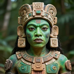 portrait photography of an ancient mayan alien, ritualisic mayan psychedelic, green skin, detailed face, clear eyes, clear mouth, aztec tatoos, mayan body painting, tenochtitlan, looking towards the camera. mariachi style. high details, demigod.