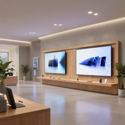 2 0 3 0 s flagship retail interior. experience. telco digital screens phones. wood, polished concrete, neon, ceiling spots. plants. samsung microsoft apple nike adidas tesla muted colors!!!!!!!!!! ( ( ( ( ( ( ( ( ( digital painting by shaun tan ) ) ) ) ) ) ) ) )