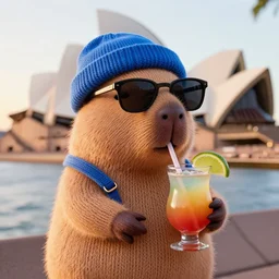 a photorealistic photograph of a knitted cute Capybara wearing sunglasses and dressed in blue beanie cap. The subject is also sipping refreshing Mai Tai cocktail drink while standing outside of the Sydney Opera House during sunset. This 4K HD image is Trending on Artstation, featured on Behance, well-rendered, extra crisp, features intricate detail and the style of Unreal Engine.