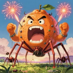 memorable animation key shot, backlit, spider tanks firing fireworks at colossal screaming angry citrus golem covered in fishing wire, hooks and barnacles, by ilya repin, by satoshi kon, shinji kimura, ghibli, daylight pastel color palette