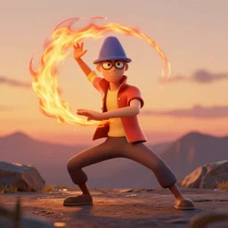 squidward firebending outside at susnset, 3 d render