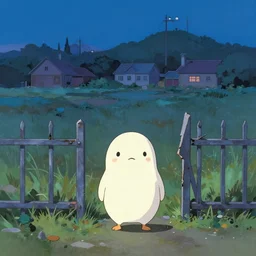 cute, village suburbs evening, prison far away, broken metal fence, gouache matte painting by pixar studio frazetta makoto shinkai