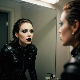 cinestill 5 0 d candid photographic portrait by stanley kubrick of a feminine man wearing rugged black techwear and glitter goth makeup looking in the bathroom mirror, cramped new york apartment, extreme closeup, retrofuturism cyberpunk emotional cinematic, light and shadows, 8 k, hd, high resolution, 3 5 mm, f / 3 2, ultra realistic faces