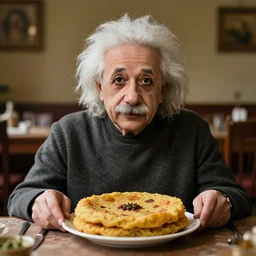 a portrait of albert einstein sitting at the dining table with a plate containing dhokla in front of him, highly detailed, trending on artstation, bokeh, 9 0 mm, f / 1. 4