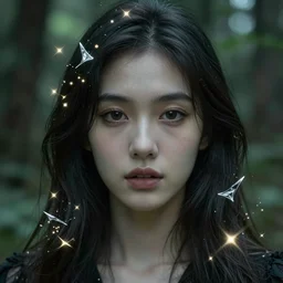 double exposure effect, glowing silver and golden elements, full close-up portrait, young female portrait model from shutterstock as a dark witch, book cover, green forest, white moon, red lips, establishing shot, extremly high detail, photo-realistic, cinematic lighting, pen and ink, intricate line drawings, by Yoshitaka Amano, Ruan Jia, Kentaro Miura, Artgerm, post processed, concept art, artstation, matte painting, style by eddie, raphael lacoste, alex ross
