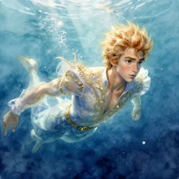 beautiful watercolor painting of prince underwater, intricate, elegant, highly detailed, digital painting, artstation, concept art, smooth, sharp focus,, dynamic lighting, ultrarealistic, cinematic, octane render, 8 k