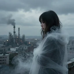 mysterious sad girl wrapped in smoke observing a big industrial city metropoli in the distance, cloudy sky, by donato giancola and greg rutkowski