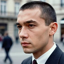 ektachrome, 3 5 mm, highly detailed : incredibly realistic, confident, perfect features, buzz cut, beautiful three point perspective extreme closeup 3 / 4 portrait photo in style of chiaroscuro style 1 9 7 0 s frontiers in flight suit cosplay paris seinen manga street photography vogue fashion edition