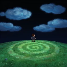 night chubby cartoon concept art, grass spiral mountain landscape, from lorax movie, black blue green, spiral clouds