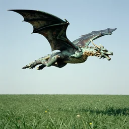 Dragon flying above a green field in style of Michelangelo