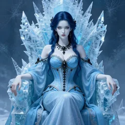 portrait of a steampunk ice lady, elegant corset, d - cup, pale white skin, sky - blue dress, robes, black jewerly, dark blue hair, sitting on ice throne, beautiful fractal ice background, ornamental, highly detailed, detailed face, smooth, sharp focus, digital painting, by artgerm and greg rutkowski and alphonse mucha