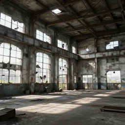 abandoned industrial factory interior, sunlight filtering through the broken windows, digital art, trending on artstation