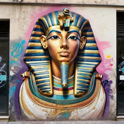 a graffiti portrait of king tutankhamen, street art, highly detailed by banksy