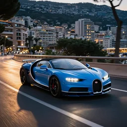 High quality DSLR photo of a blue convertible Bugatti Chiron driving in the streets of Monaco at dusk, long shadows, beams of sunlight