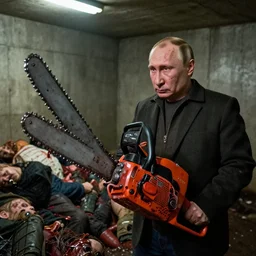 putin with a chainsaw. in a concrete bunker with a pile of corpses. focus on putins face with blood splatters. canon eos r 3, f / 1. 4, iso 1 6 0 0, 1 / 8 0 s, 8 k, raw, grainy