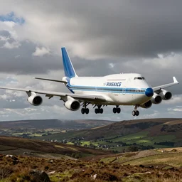 A Boeing 747 flying low over Dartmoor National Park, almost hitting the ground, HDR, dramatic lighting, award winning landscape photography