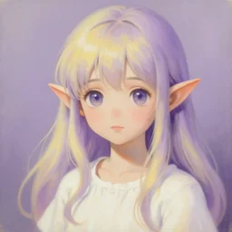 little elf girl, tunic, soft hair. light color palate, purple, yellow and white. detailed soft painting, ayami kojima, made in abyss, anatomically correct, inspired in balthus, high detailed face anime