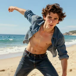 Timothee Chalamet, the most beautiful androgynous man in the world, intense painting, sunny day at beach, +++ super supper supper dynamic pose,  digital art, art by j.c. leyendecker