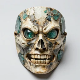 symmetrical product photograph of a highly detailed ominous mask made from fragmented bone and obsidian, angry